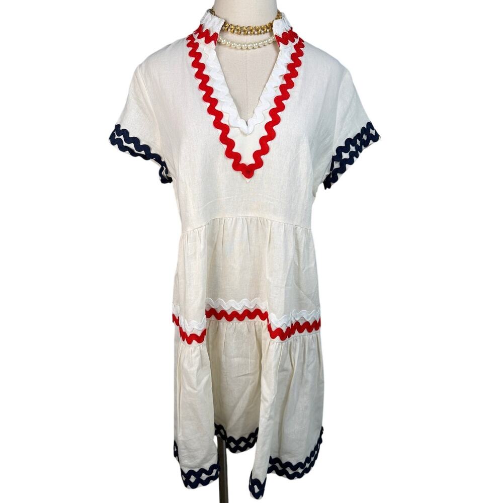 Sail to Sable White Linen Ric Rac Trim Nautical Tiered Midi Dress L NWT - Picture 2 of 9